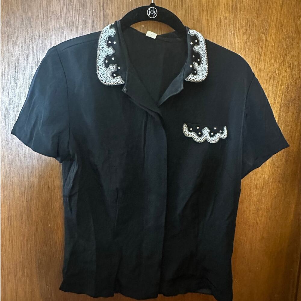 VINTAGE MARDI MODES BLACK BEADED BUTTON UP TOP; SIZE S